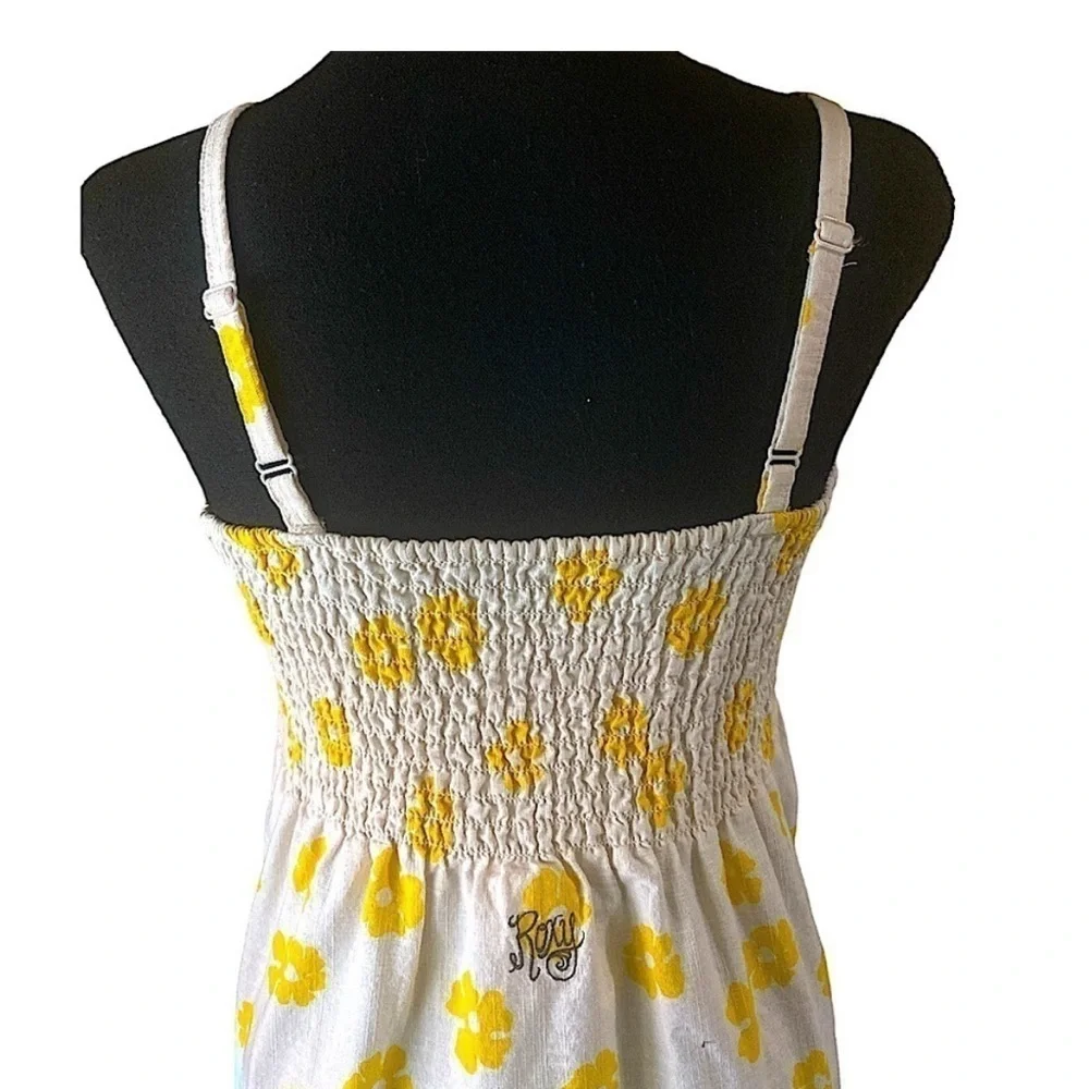 Vintage Roxy Maxi Sundress Yellow White Brown Floral Smocked Cotton Size Small - Picture 5 of 5